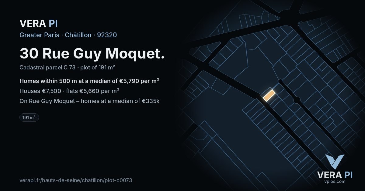 30 Rue Guy Moquet, Châtillon at night – the plot lit, the parcels around coloured by the prices near them