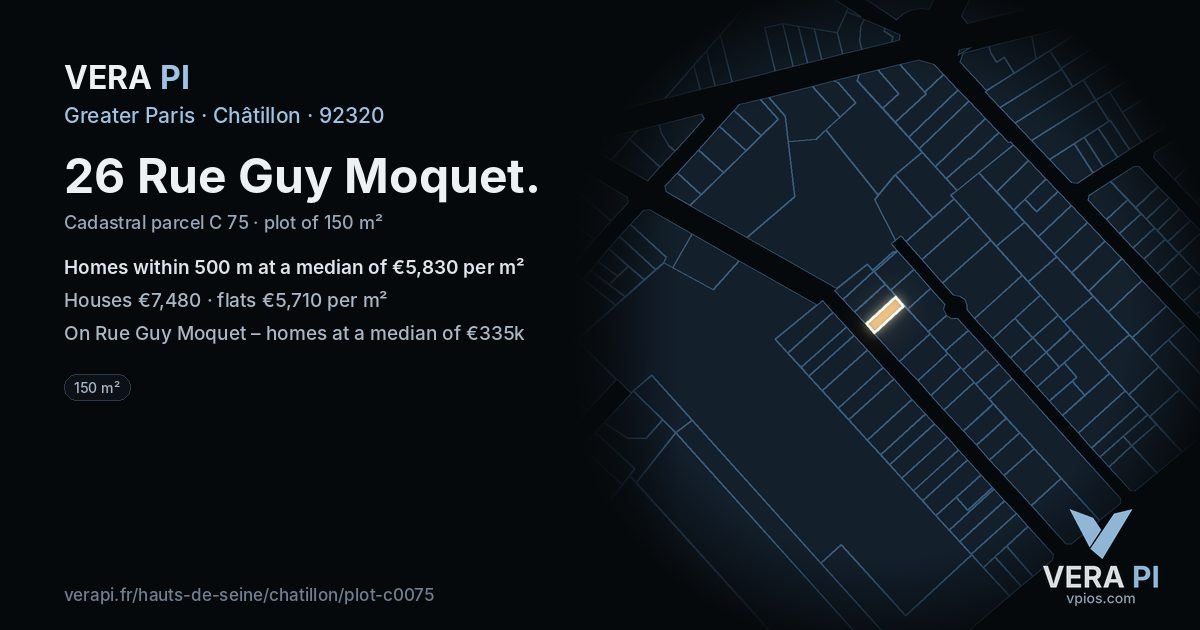 26 Rue Guy Moquet, Châtillon at night – the plot lit, the parcels around coloured by the prices near them