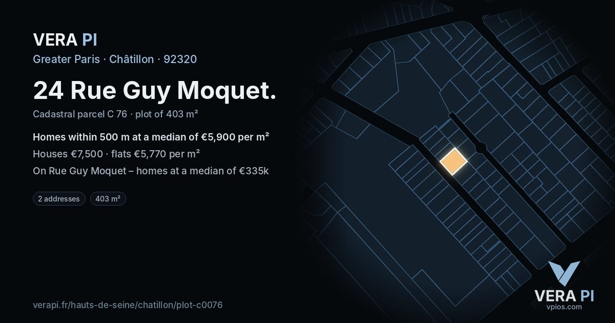 24 Rue Guy Moquet, Châtillon at night – the plot lit, the parcels around coloured by the prices near them