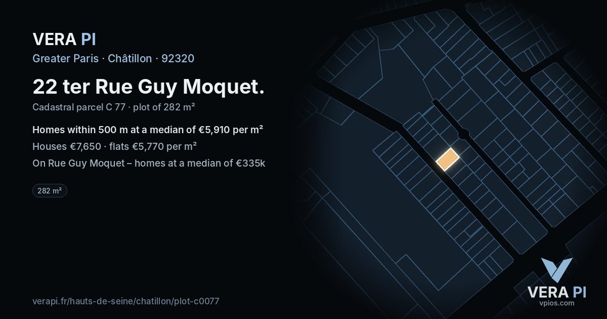 22 ter Rue Guy Moquet, Châtillon at night – the plot lit, the parcels around coloured by the prices near them