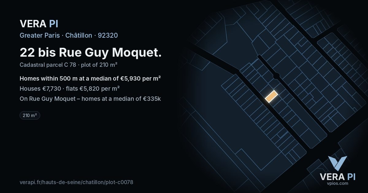 22 bis Rue Guy Moquet, Châtillon at night – the plot lit, the parcels around coloured by the prices near them
