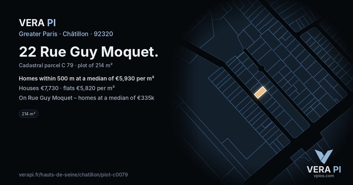 22 Rue Guy Moquet, Châtillon at night – the plot lit, the parcels around coloured by the prices near them