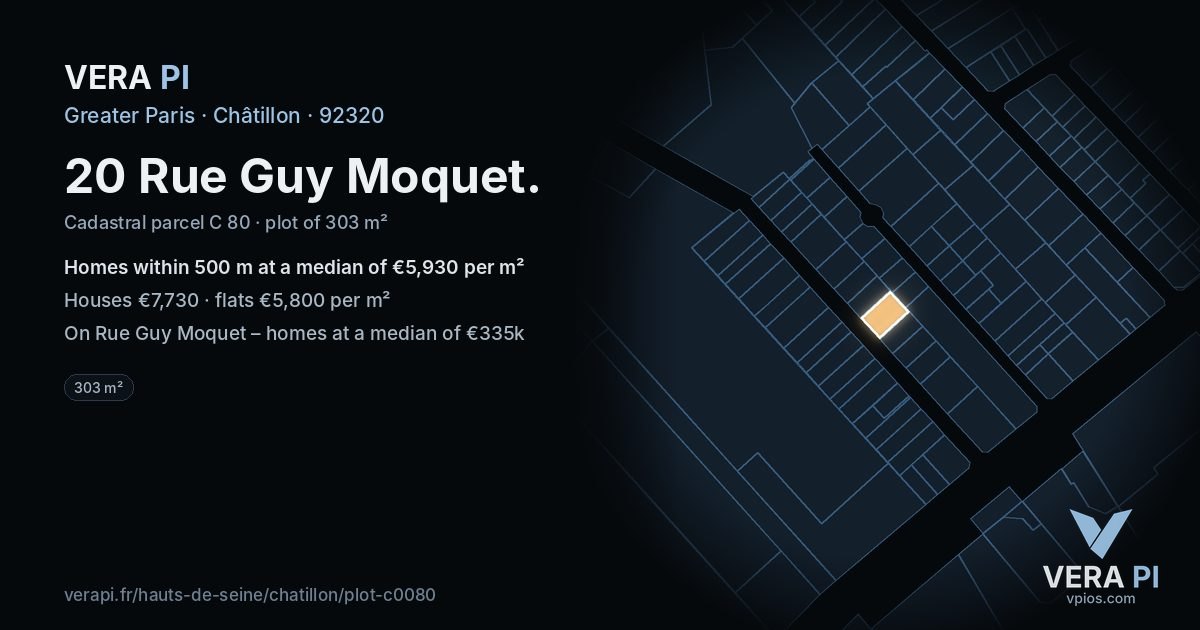 20 Rue Guy Moquet, Châtillon at night – the plot lit, the parcels around coloured by the prices near them
