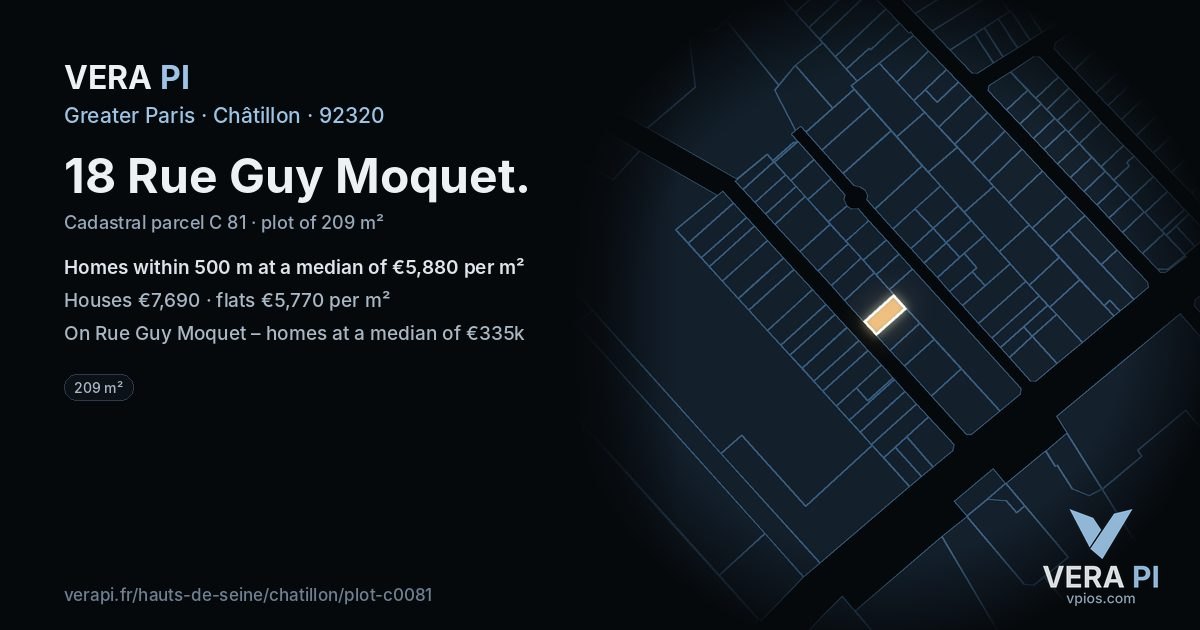 18 Rue Guy Moquet, Châtillon at night – the plot lit, the parcels around coloured by the prices near them