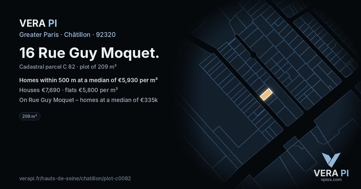 16 Rue Guy Moquet, Châtillon at night – the plot lit, the parcels around coloured by the prices near them