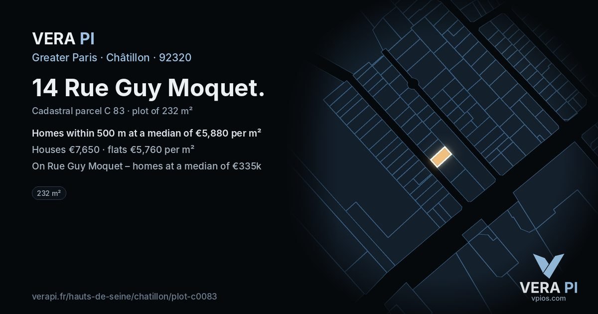 14 Rue Guy Moquet, Châtillon at night – the plot lit, the parcels around coloured by the prices near them