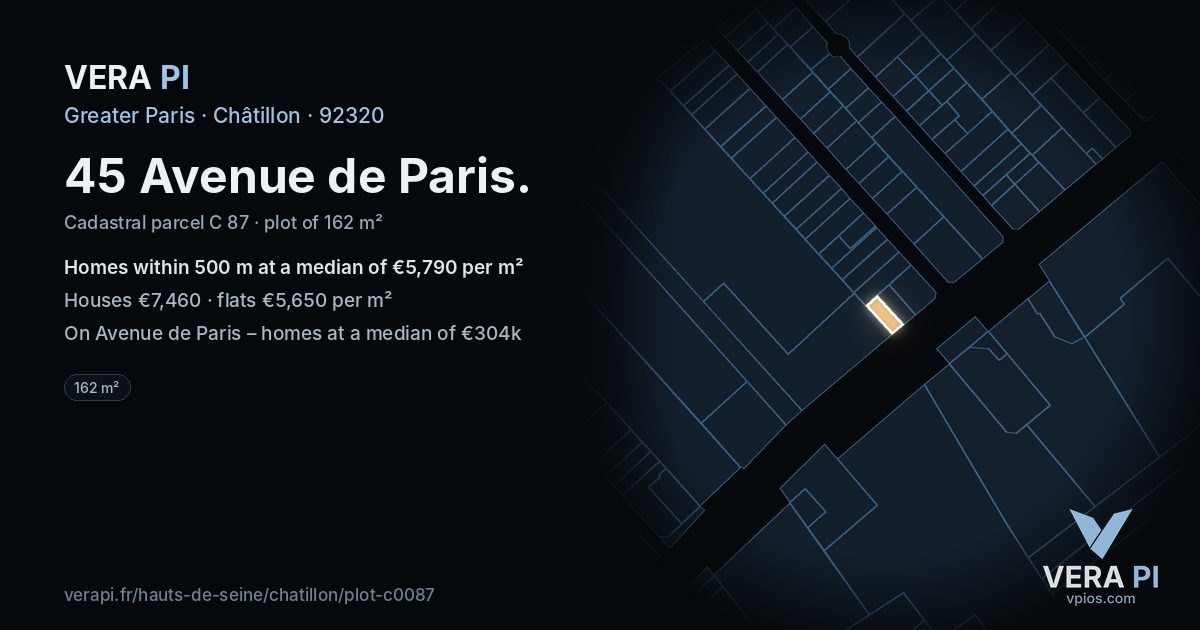 45 Avenue de Paris, Châtillon at night – the plot lit, the parcels around coloured by the prices near them