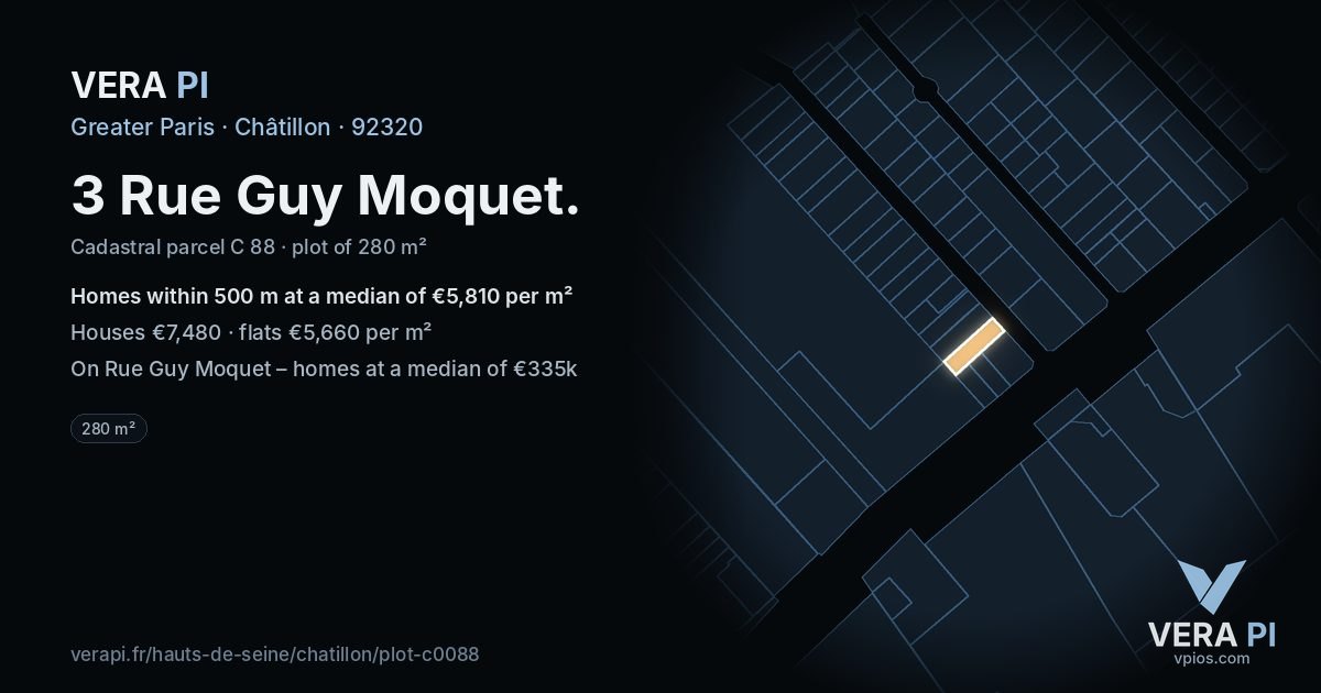 3 Rue Guy Moquet, Châtillon at night – the plot lit, the parcels around coloured by the prices near them