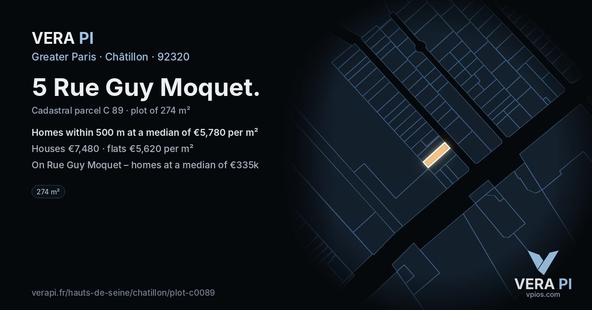 5 Rue Guy Moquet, Châtillon at night – the plot lit, the parcels around coloured by the prices near them