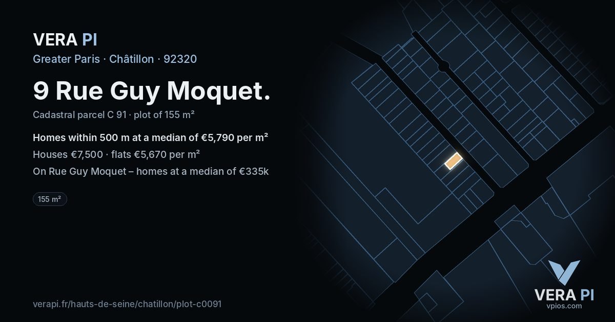 9 Rue Guy Moquet, Châtillon at night – the plot lit, the parcels around coloured by the prices near them