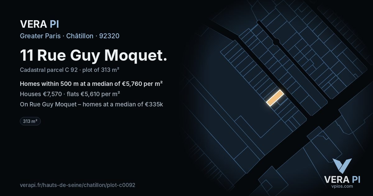 11 Rue Guy Moquet, Châtillon at night – the plot lit, the parcels around coloured by the prices near them
