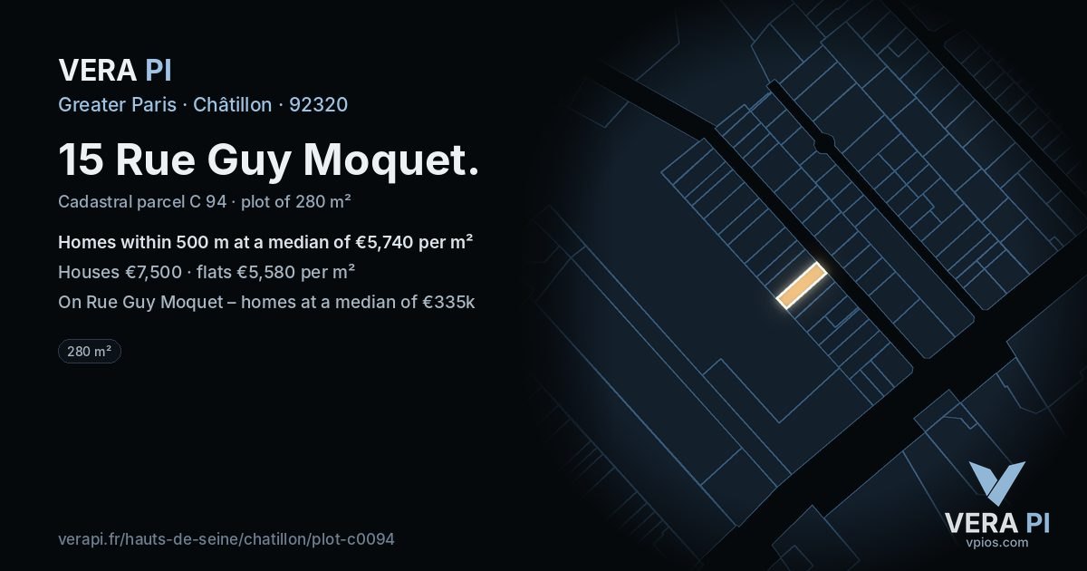 15 Rue Guy Moquet, Châtillon at night – the plot lit, the parcels around coloured by the prices near them