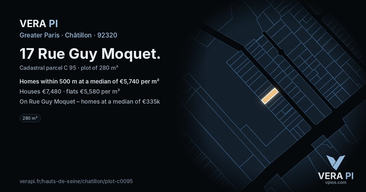 17 Rue Guy Moquet, Châtillon at night – the plot lit, the parcels around coloured by the prices near them