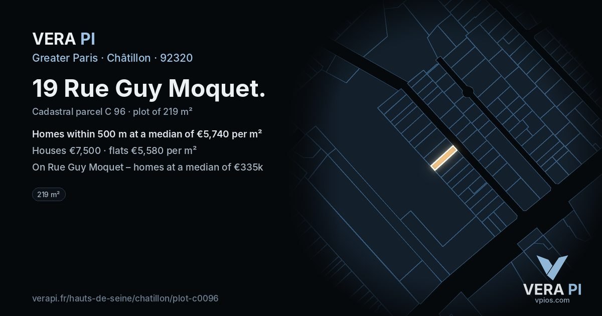 19 Rue Guy Moquet, Châtillon at night – the plot lit, the parcels around coloured by the prices near them