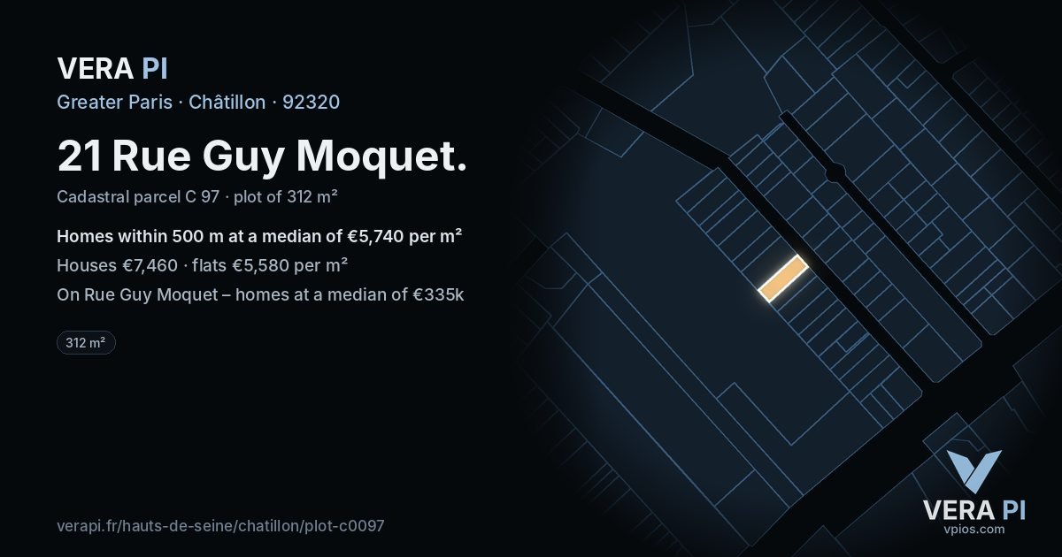 21 Rue Guy Moquet, Châtillon at night – the plot lit, the parcels around coloured by the prices near them