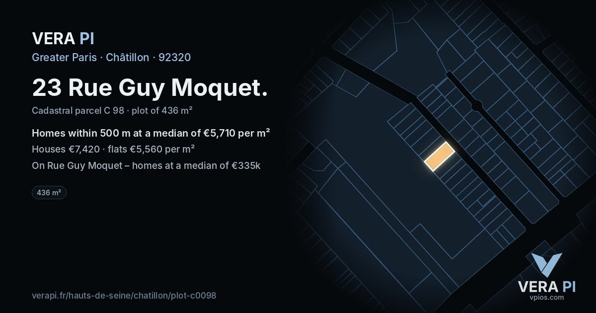 23 Rue Guy Moquet, Châtillon at night – the plot lit, the parcels around coloured by the prices near them
