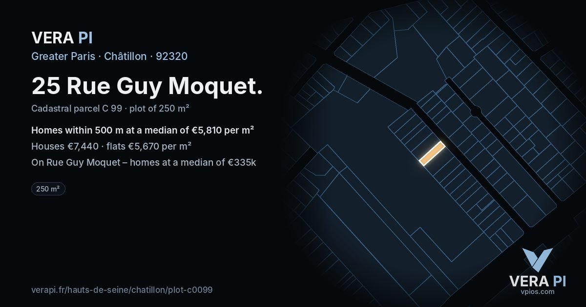 25 Rue Guy Moquet, Châtillon at night – the plot lit, the parcels around coloured by the prices near them
