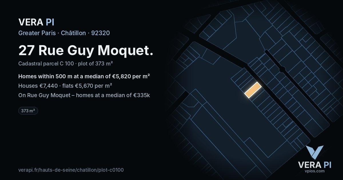 27 Rue Guy Moquet, Châtillon at night – the plot lit, the parcels around coloured by the prices near them
