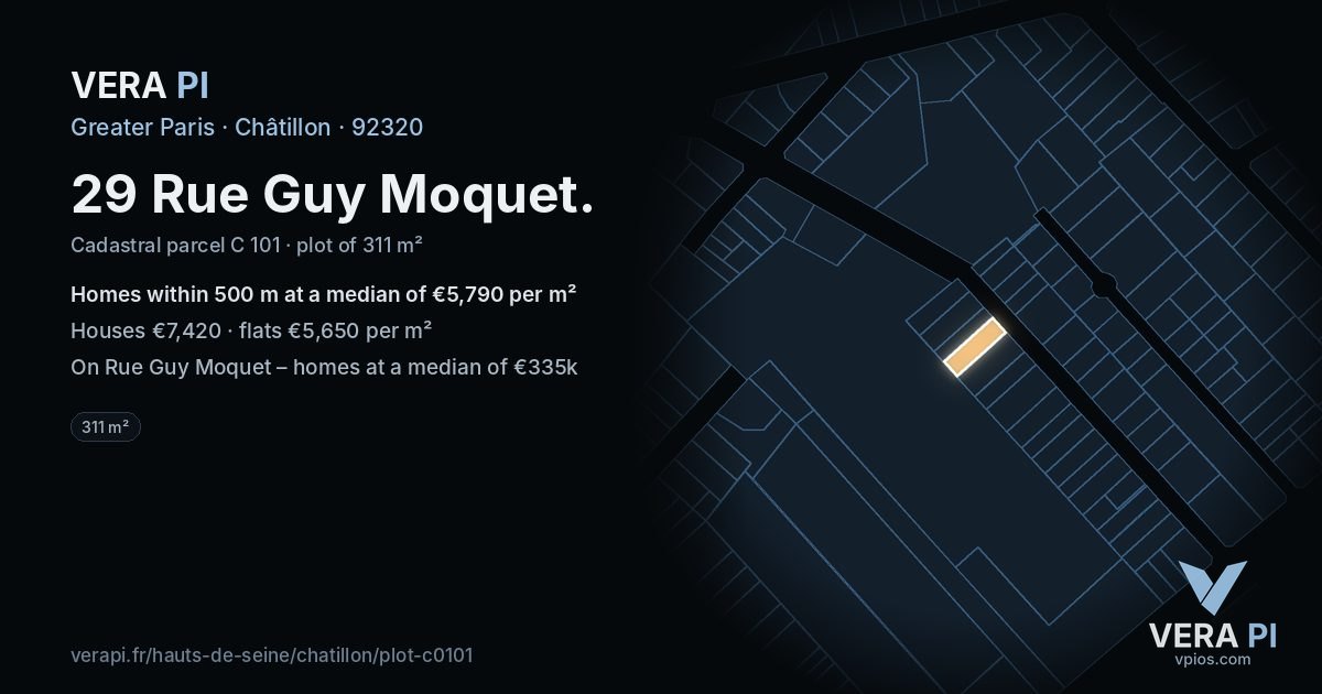 29 Rue Guy Moquet, Châtillon at night – the plot lit, the parcels around coloured by the prices near them