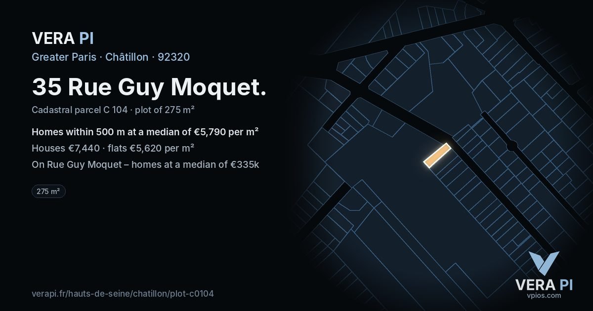 35 Rue Guy Moquet, Châtillon at night – the plot lit, the parcels around coloured by the prices near them