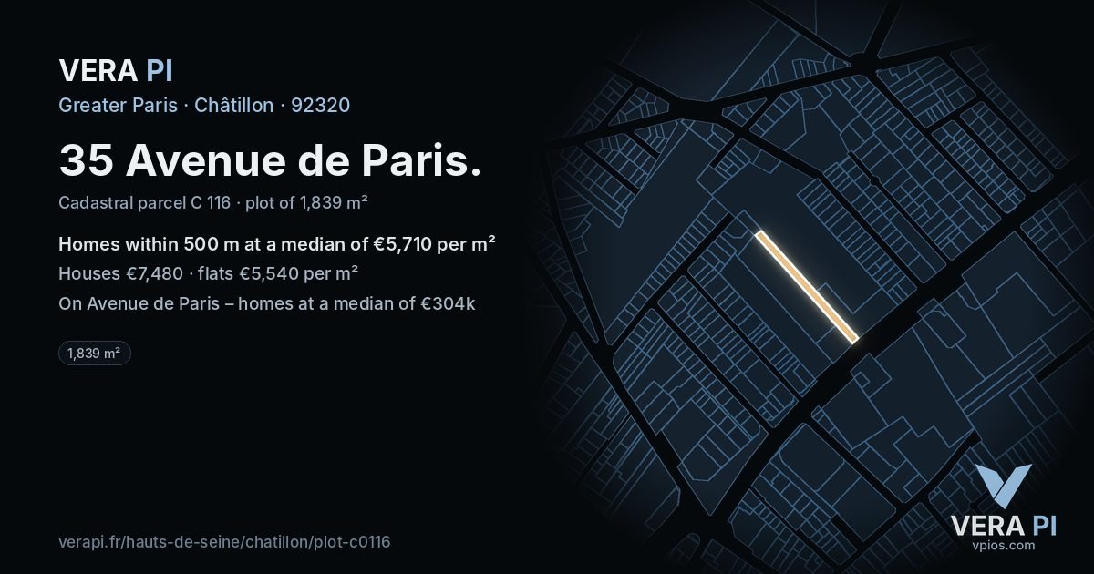 35 Avenue de Paris, Châtillon at night – the plot lit, the parcels around coloured by the prices near them