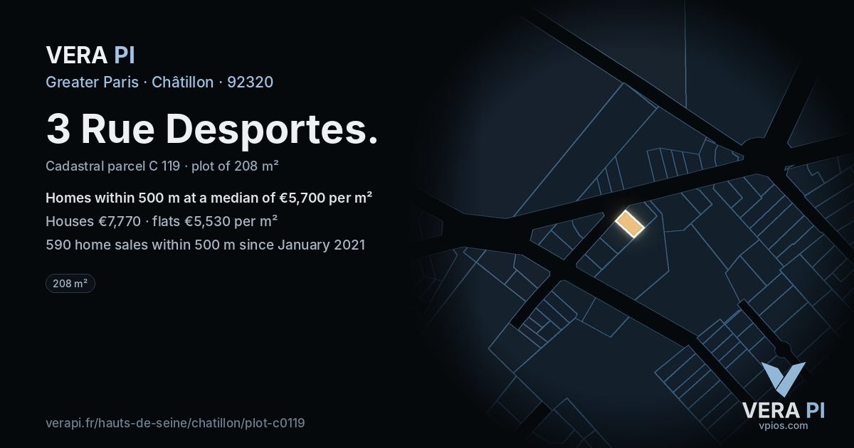 3 Rue Desportes, Châtillon at night – the plot lit, the parcels around coloured by the prices near them