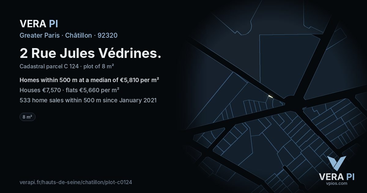 2 Rue Jules Védrines, Châtillon at night – the plot lit, the parcels around coloured by the prices near them