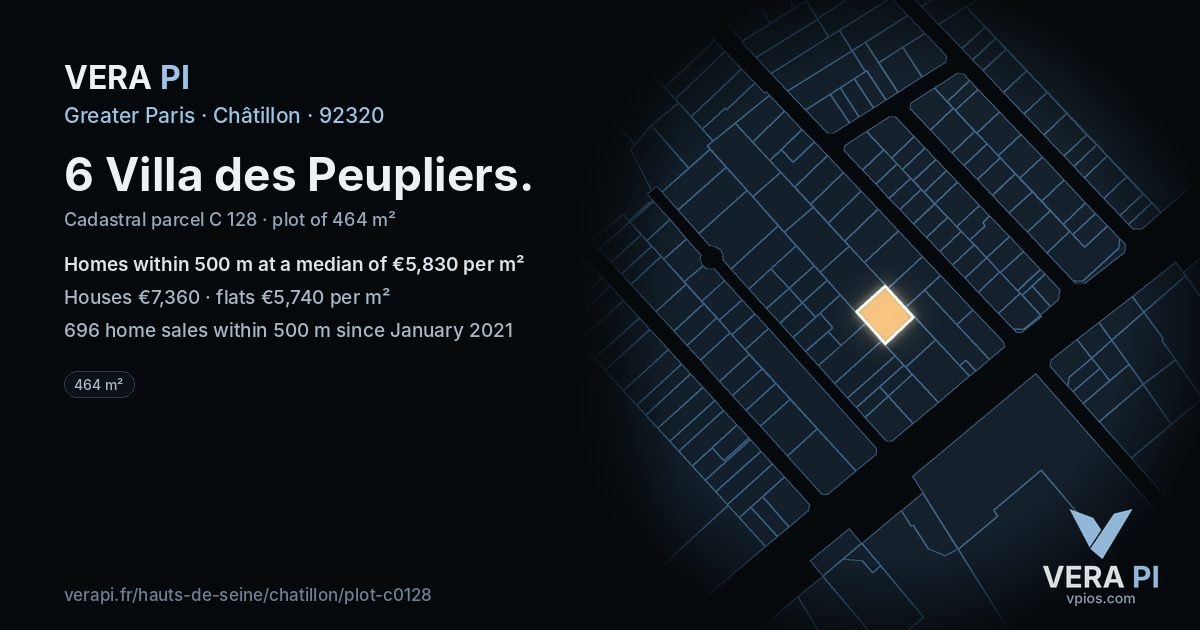 6 Villa des Peupliers, Châtillon at night – the plot lit, the parcels around coloured by the prices near them