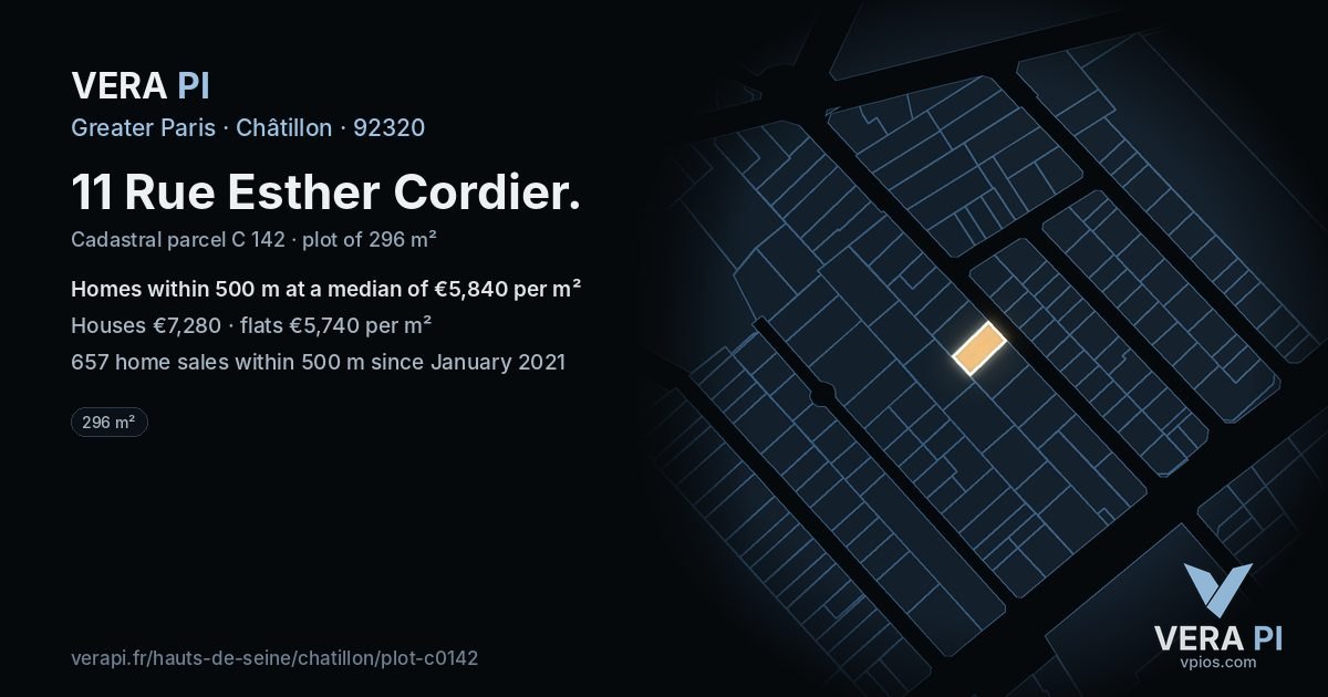 11 Rue Esther Cordier, Châtillon at night – the plot lit, the parcels around coloured by the prices near them