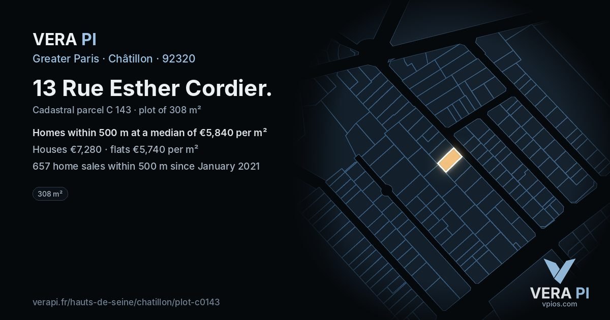 13 Rue Esther Cordier, Châtillon at night – the plot lit, the parcels around coloured by the prices near them