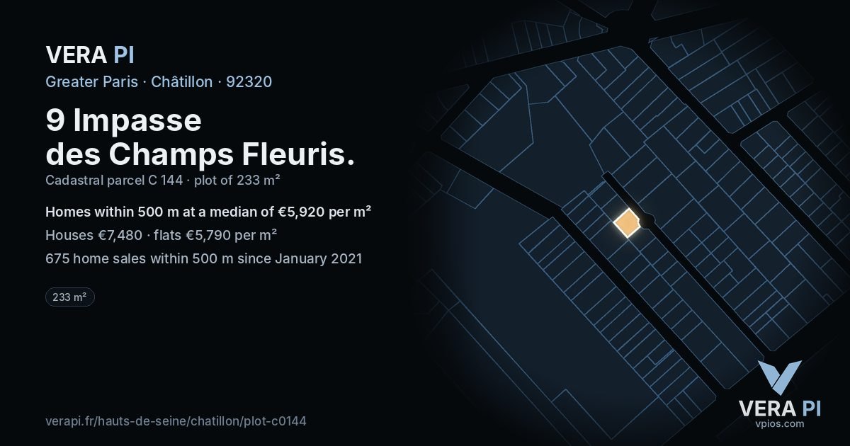 9 Impasse des Champs Fleuris, Châtillon at night – the plot lit, the parcels around coloured by the prices near them