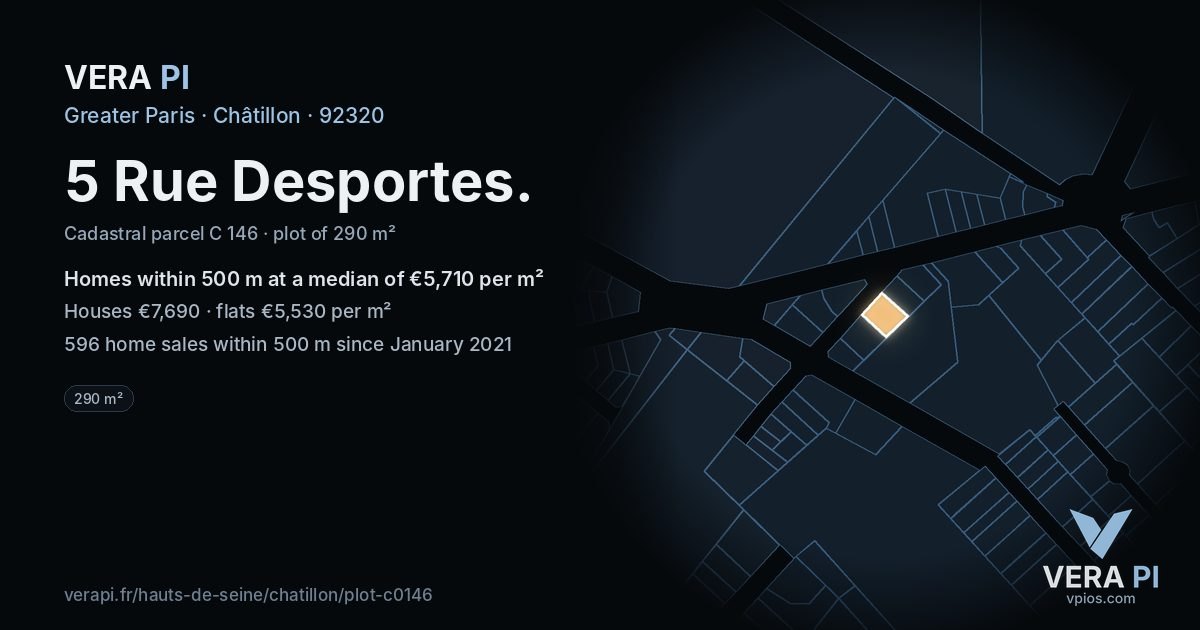 5 Rue Desportes, Châtillon at night – the plot lit, the parcels around coloured by the prices near them