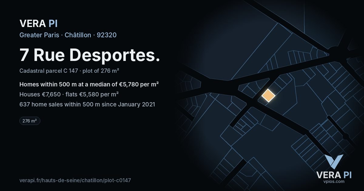 7 Rue Desportes, Châtillon at night – the plot lit, the parcels around coloured by the prices near them