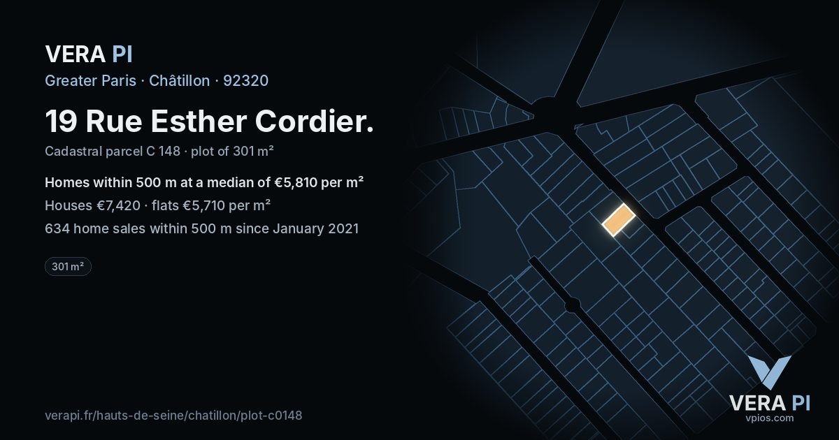 19 Rue Esther Cordier, Châtillon at night – the plot lit, the parcels around coloured by the prices near them