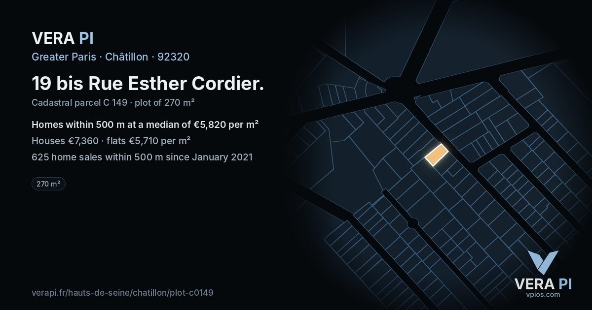 19 bis Rue Esther Cordier, Châtillon at night – the plot lit, the parcels around coloured by the prices near them