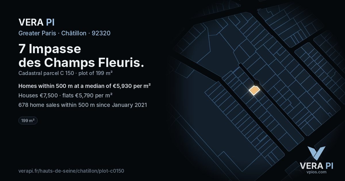 7 Impasse des Champs Fleuris, Châtillon at night – the plot lit, the parcels around coloured by the prices near them