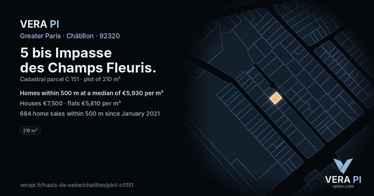 5 bis Impasse des Champs Fleuris, Châtillon at night – the plot lit, the parcels around coloured by the prices near them