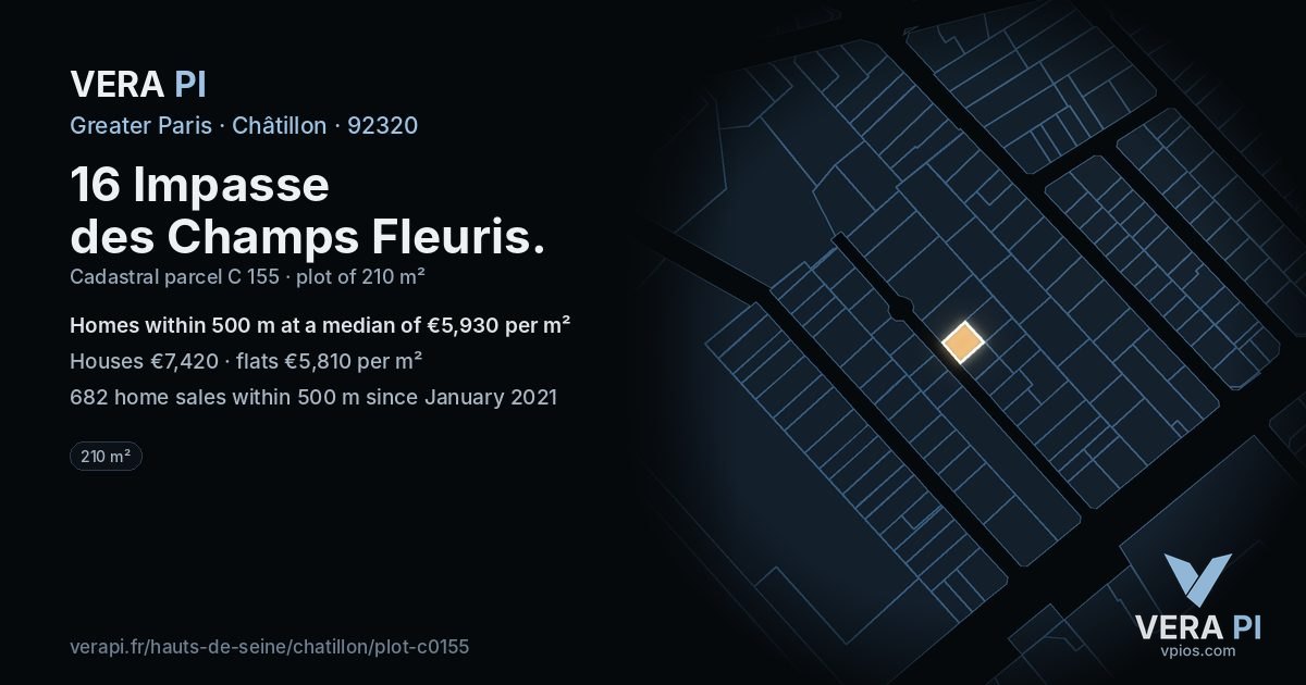 16 Impasse des Champs Fleuris, Châtillon at night – the plot lit, the parcels around coloured by the prices near them