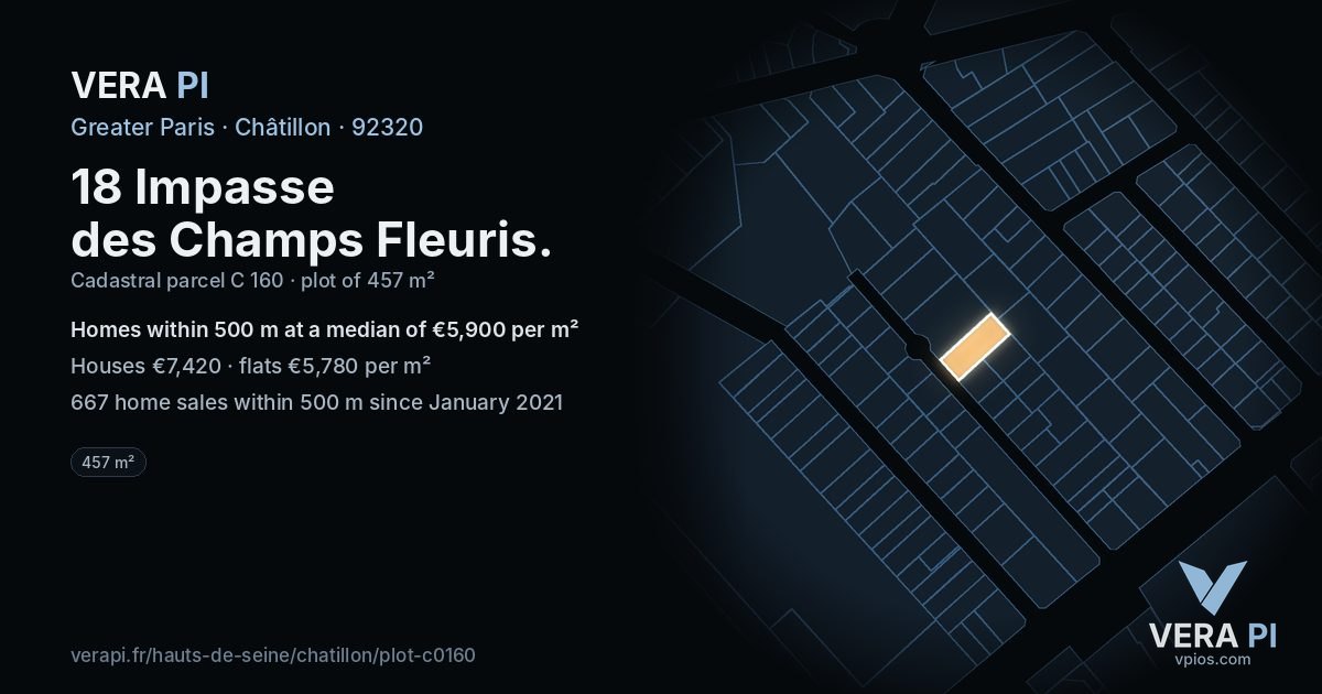 18 Impasse des Champs Fleuris, Châtillon at night – the plot lit, the parcels around coloured by the prices near them
