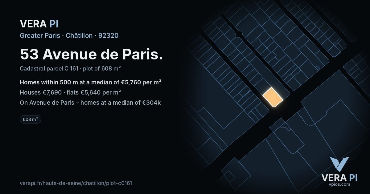53 Avenue de Paris, Châtillon at night – the plot lit, the parcels around coloured by the prices near them