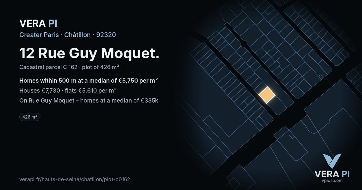 12 Rue Guy Moquet, Châtillon at night – the plot lit, the parcels around coloured by the prices near them