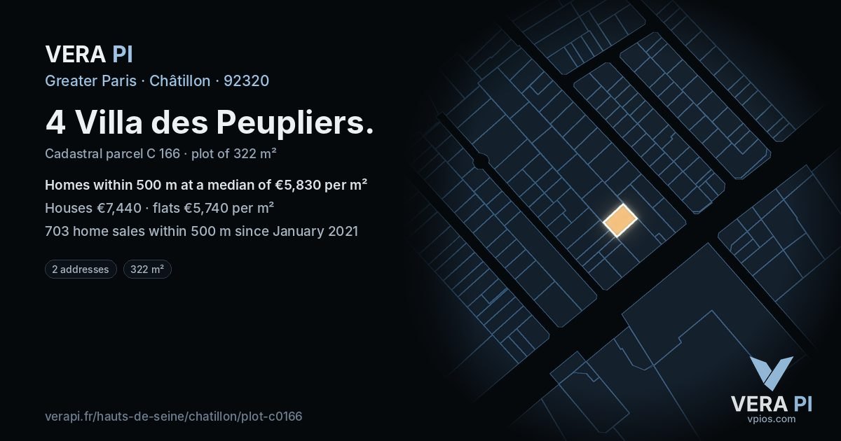 4 Villa des Peupliers, Châtillon at night – the plot lit, the parcels around coloured by the prices near them