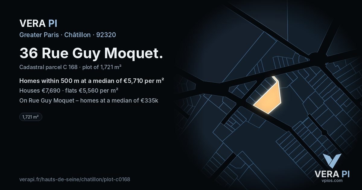 36 Rue Guy Moquet, Châtillon at night – the plot lit, the parcels around coloured by the prices near them
