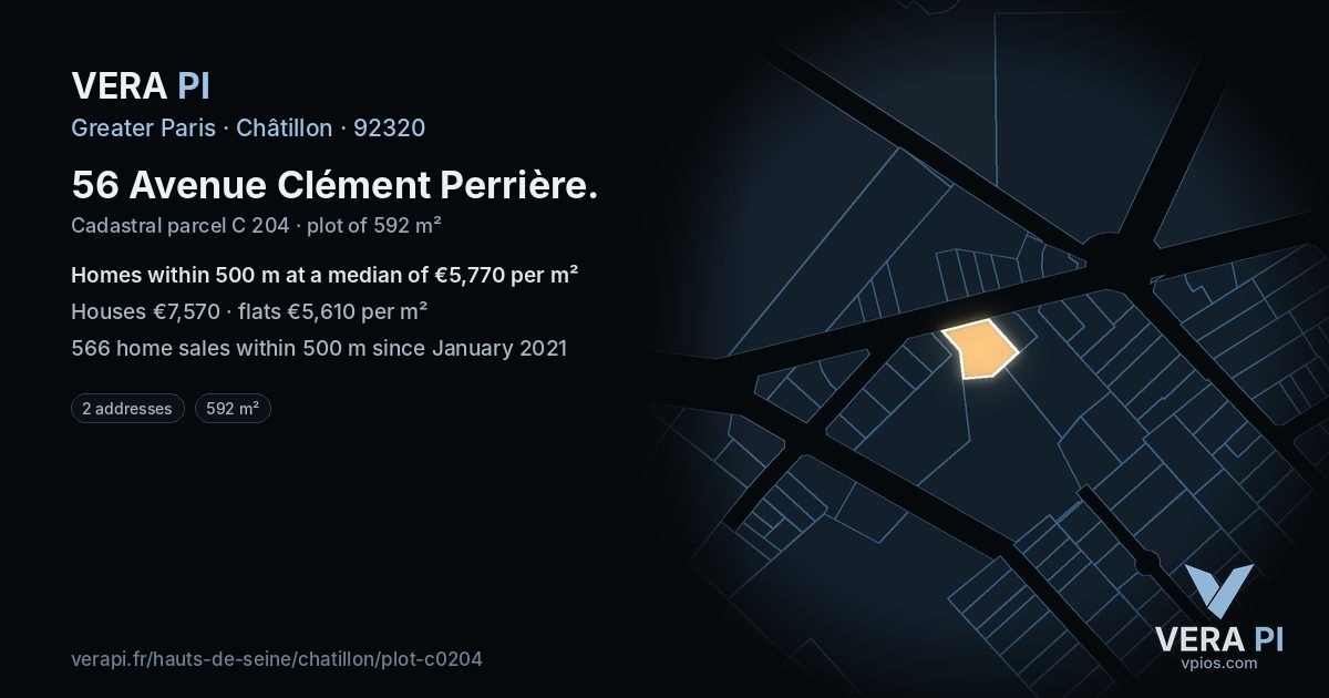 56 Avenue Clément Perrière, Châtillon at night – the plot lit, the parcels around coloured by the prices near them
