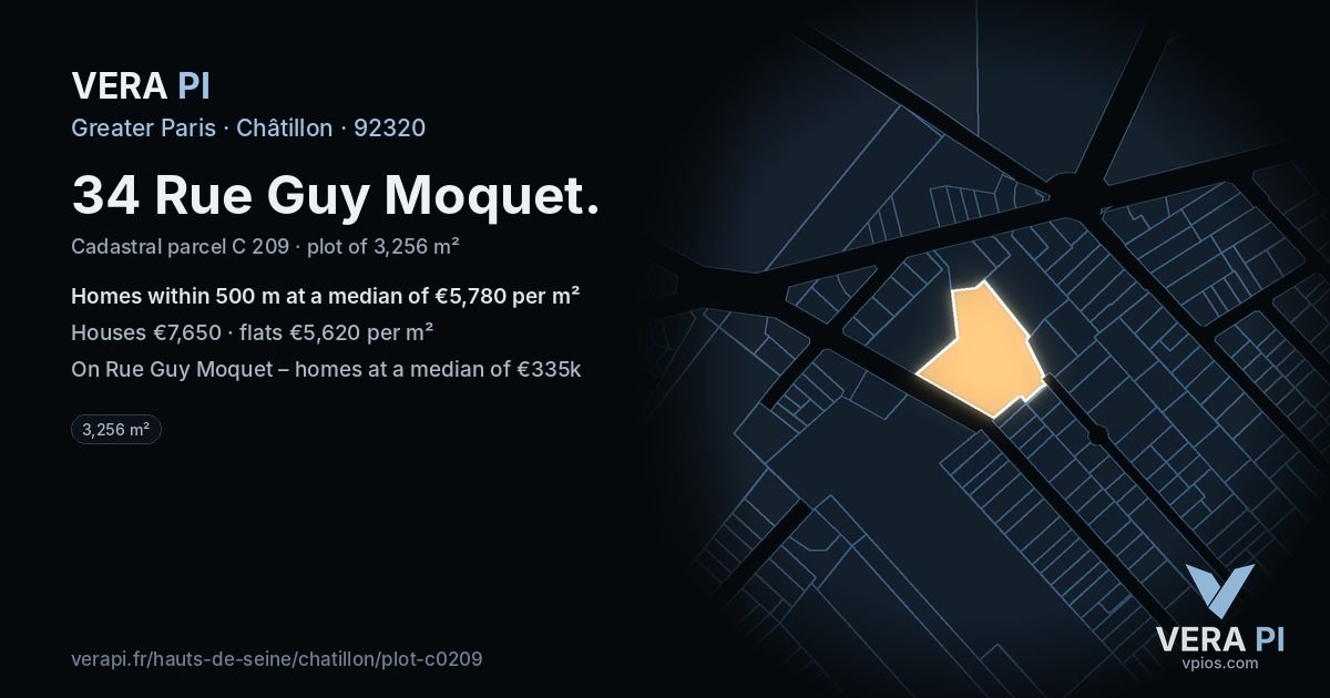 34 Rue Guy Moquet, Châtillon at night – the plot lit, the parcels around coloured by the prices near them