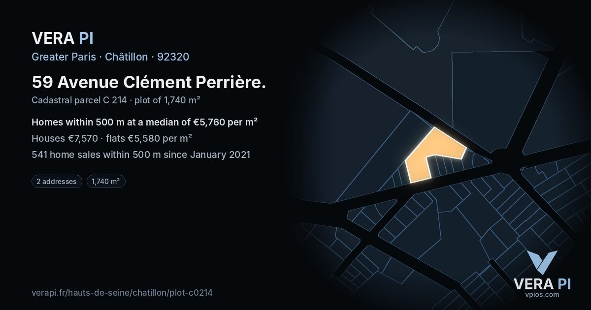 59 Avenue Clément Perrière, Châtillon at night – the plot lit, the parcels around coloured by the prices near them