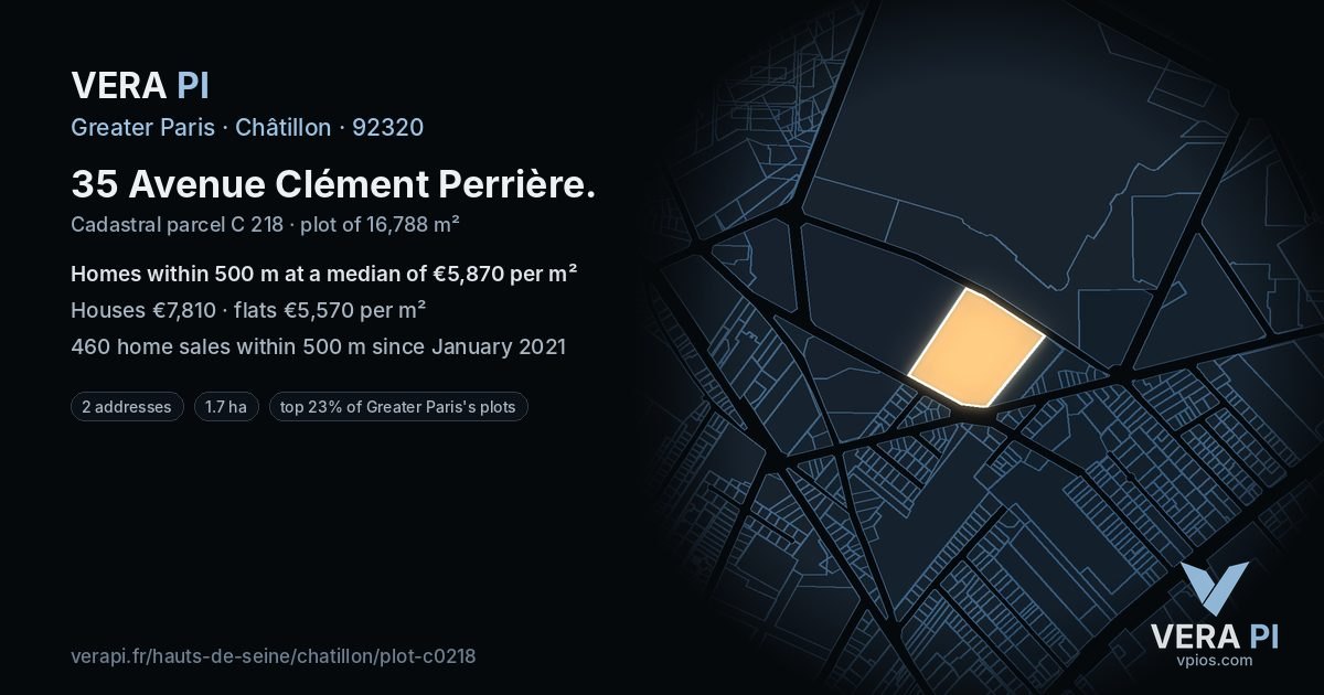 35 Avenue Clément Perrière, Châtillon at night – the plot lit, the parcels around coloured by the prices near them