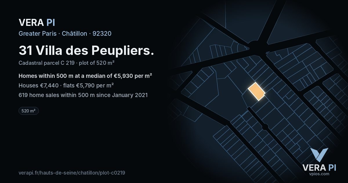 31 Villa des Peupliers, Châtillon at night – the plot lit, the parcels around coloured by the prices near them