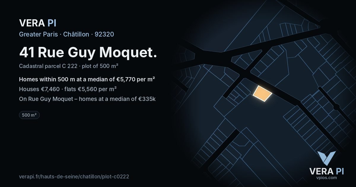 41 Rue Guy Moquet, Châtillon at night – the plot lit, the parcels around coloured by the prices near them