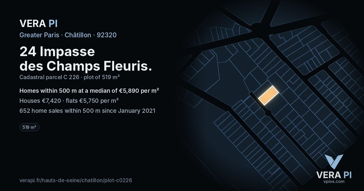 24 Impasse des Champs Fleuris, Châtillon at night – the plot lit, the parcels around coloured by the prices near them